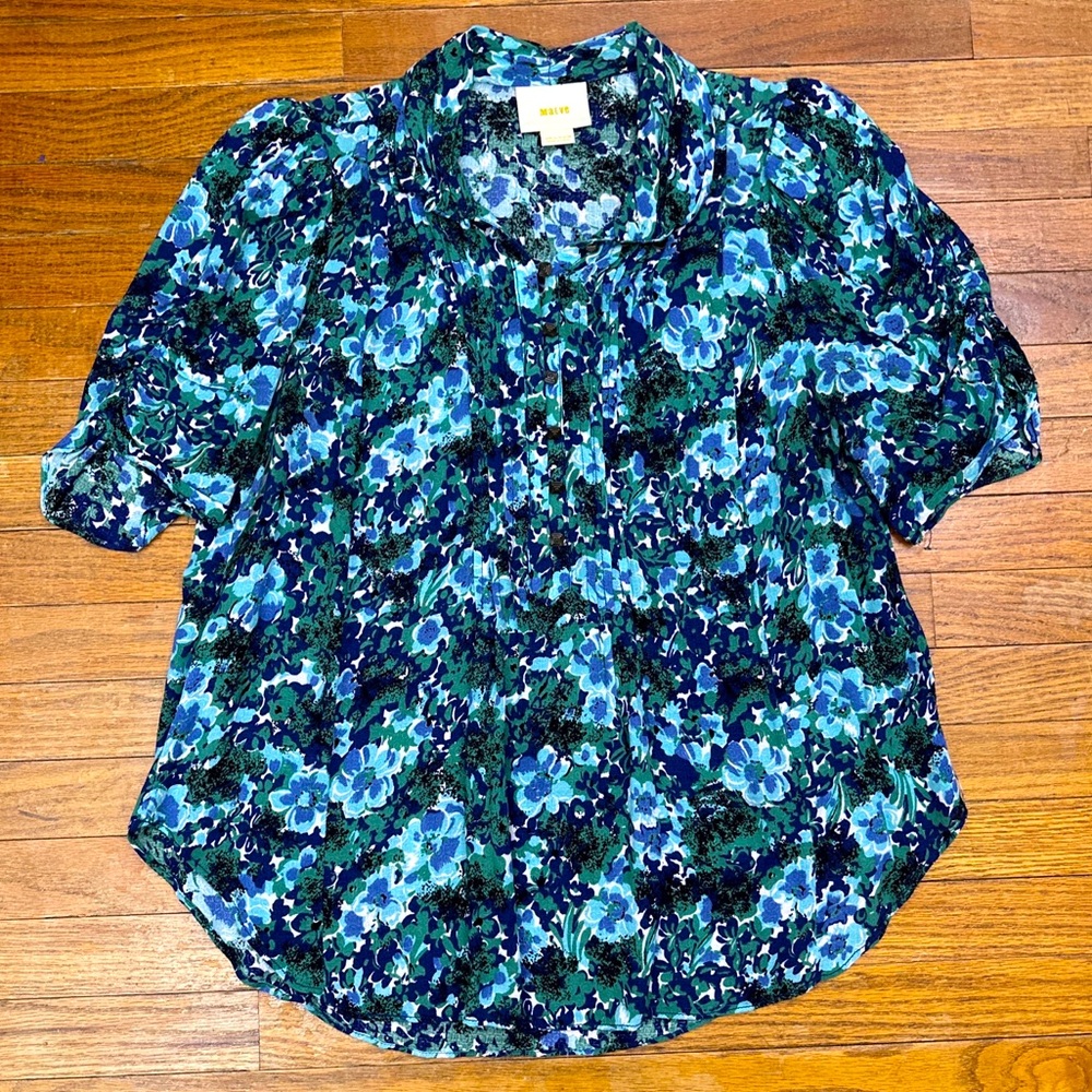 Maeve By Anthropologie Maka Print Top Blouse Green Blue Collared Buttons Sz 6